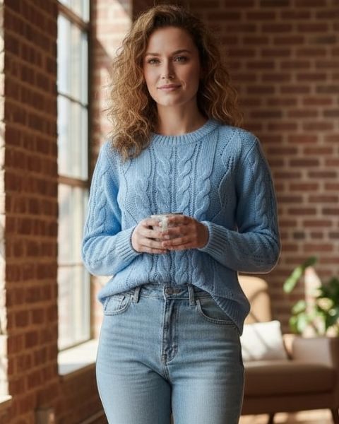 Maglione con motivi a foglie e trecce