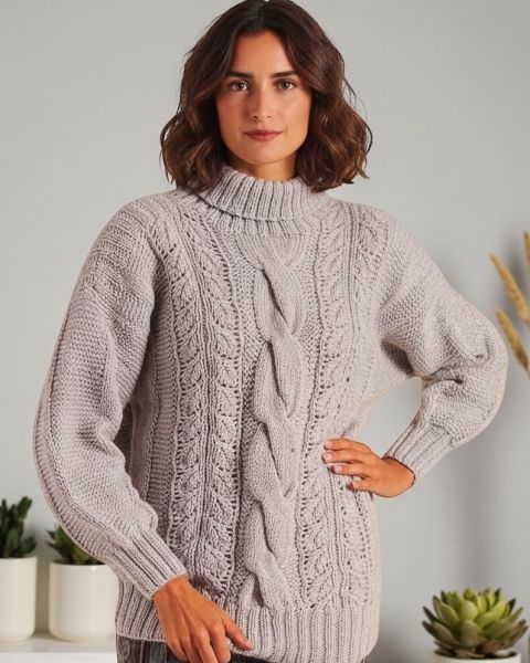 Maglione a collo alto con trecce e punto traforato a foglie