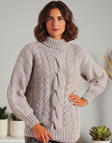 Maglione a collo alto con trecce e punto traforato a foglie