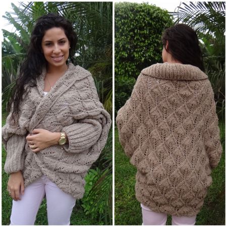 Cardigan a bozzolo con punto foglie