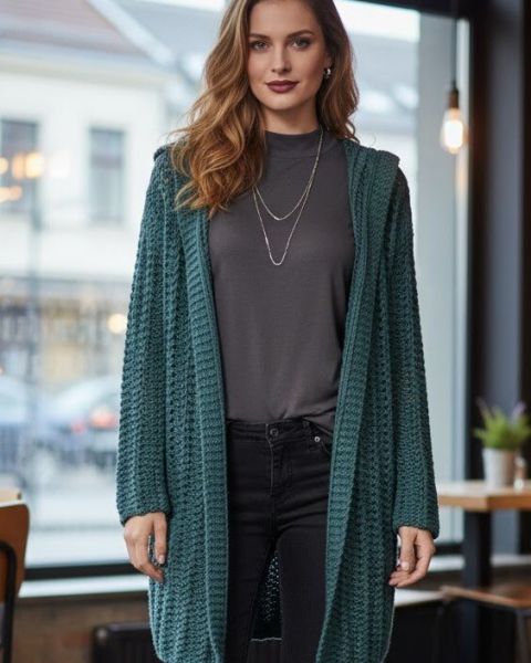 Cardigan con collo a punto coste traforato