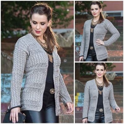 Cardigan con Punto a Rete e Trecce