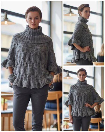 Poncho-maglione con collo alto e ampi volant