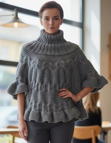 Poncho-maglione con collo alto e ampi volant