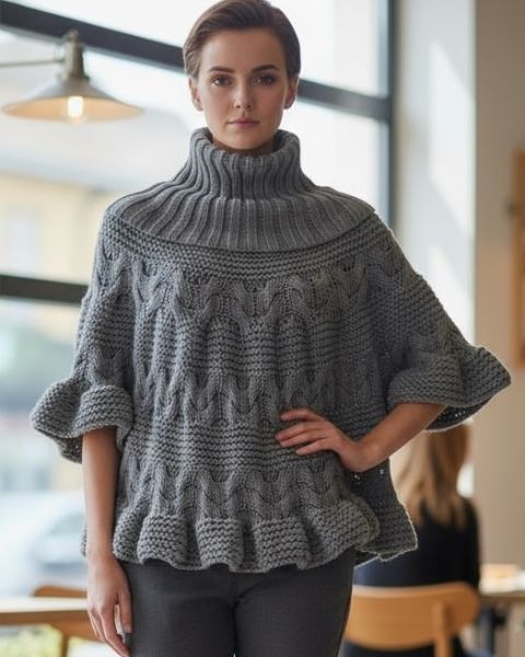 Poncho-maglione con collo alto e ampi volant